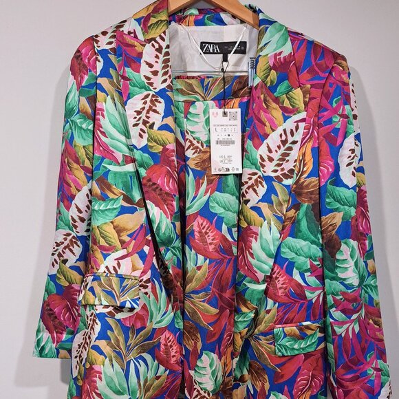 Zara Satin Effect Tropical Print Pants Suit - Picture 1 of 7